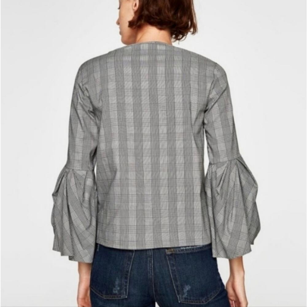 ZARA WOMAN Plaid Bell Sleeve Black and White Cotton Blend Top Size M - Picture 8 of 13